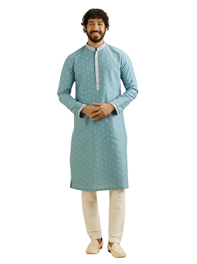 Manyavar Men's Viscose Blend Thread Embroidery Kurta Set (2pcs)