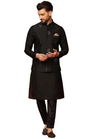 KISAH Men's Kurta Jacket Trousers Set Cotton Blend, Embroidered, Straight, Regular Fit, Mandarin Collar Ethnic Wear, Black