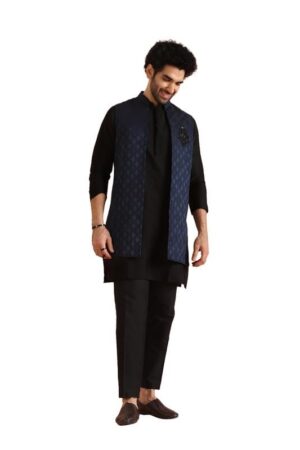 KISAH Mens Kurta Jacket Trouser Set|Silk Blend Fabric Self Design Mens Ethnic Wear|Regular Fit Mandarin Collar Long Sleeves