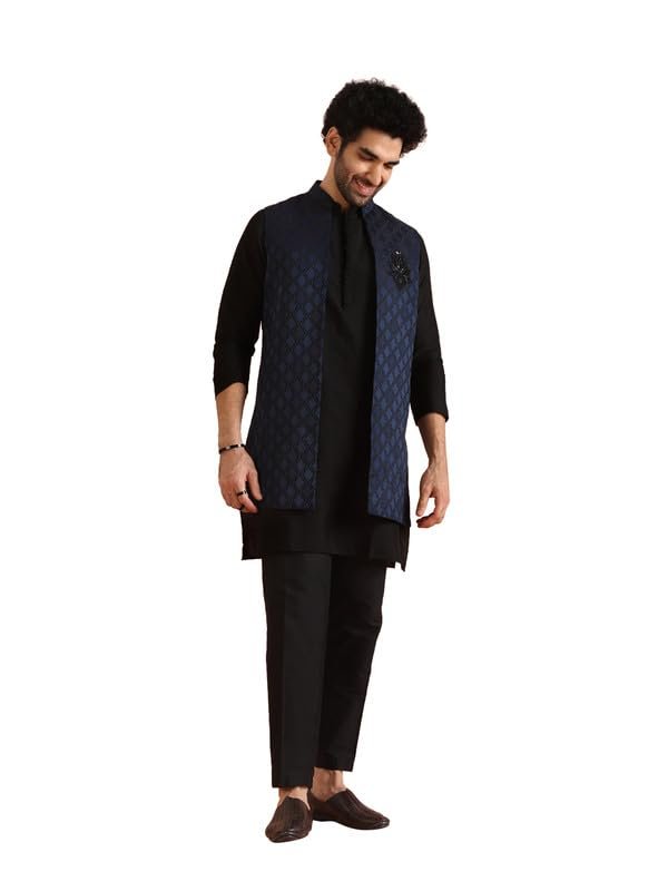 KISAH Mens Kurta Jacket Trouser Set|Silk Blend Fabric Self Design Mens Ethnic Wear|Regular Fit Mandarin Collar Long Sleeves