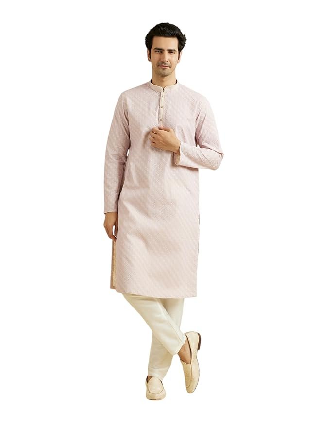 Manyavar Men's Cotton Blend Chikankari Printed Kurta Set (2pcs)