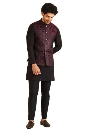 KISAH Men's Kurta Jacket Trouser Set, Burgundy Jacquard, Woven Design Regular Fit Mandarin Collar Long Sleeves