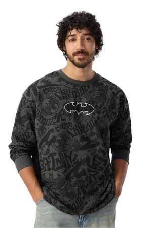 The Souled Store Batman: Vengeance Men and Boys Round Neck Grey All Over Printed Cotton Oversized Full Sleeve T-Shirts