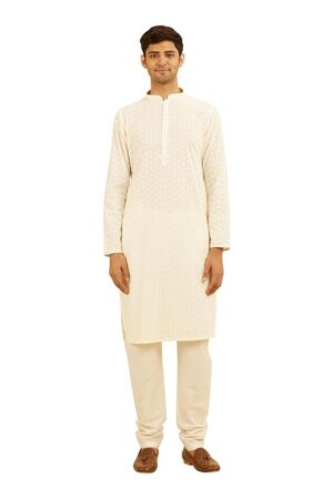 Manyavar Men's Cotton Blend Thread Embroidered Kurta Set (2pcs)