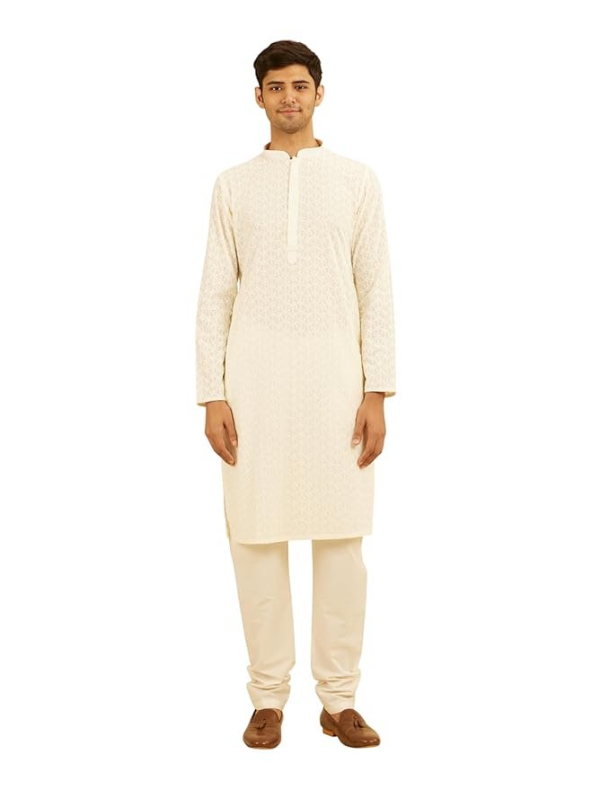 Manyavar Men's Cotton Blend Thread Embroidered Kurta Set (2pcs)