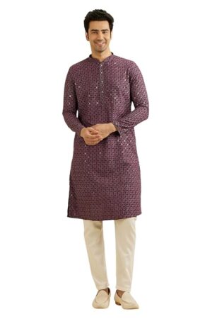 Manyavar Men's Viscose Blend Chikankari | Sequins Work Kurta Set (2pcs)