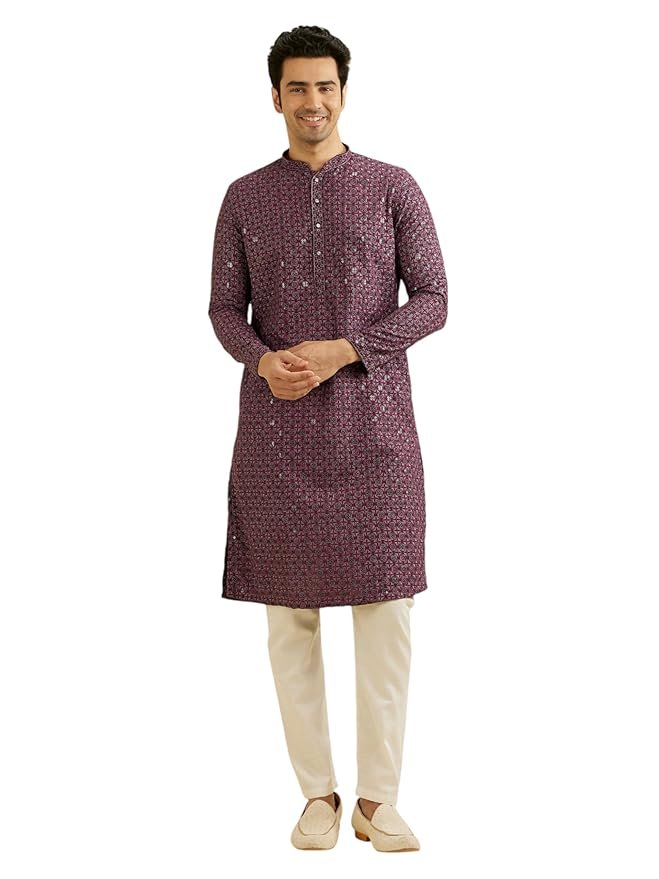 Manyavar Men's Viscose Blend Chikankari | Sequins Work Kurta Set (2pcs)