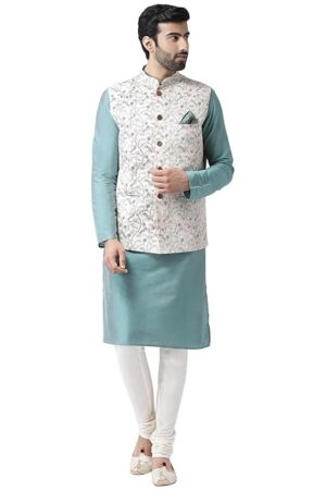 KISAH Men Green White Printed Kurta with Churidar, Full Sleaves, Knee Length, Straight, Regular Fit, Mandarin Collar Ethnic Wear