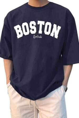 LEOTUDE Man Cotton Blend Graphic Print Round Neck Half Sleeve Drop Shoulder Oversized T Shirt (Color Navy Blue)