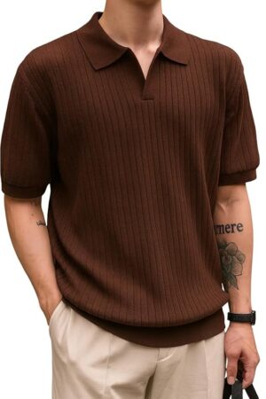 Veirdo® Men’s Casual Ribbed Polo Collar Knit T-Shirt | Regular Fit Half Sleeve Polo for Men | Flat Knit Textured T-Shirt Perfect for Office, Party, Travel