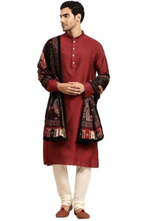 KISAH Men Maroon Kurta Set, Full Sleaves, Knee Length, Mandarin Collar Ethnic wear