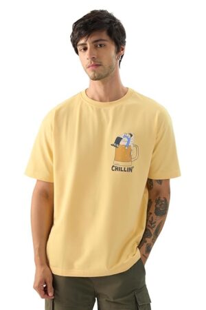 The Souled Store Chillin' Men and Boys Short Sleeve Round Neck Yellow Graphic Printed Cotton Oversized T-Shirts