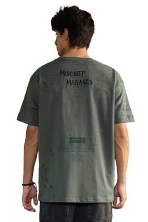 The Souled Store Harry Potter: Mischief Managed Men and Boys Short Sleeves Round Neck Grey Graphic Printed Vintage Wash Streetwear Drop Shoulder Oversized T-Shirt