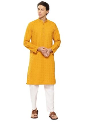 See Designs Men's Long Sleeve Mandarin Collar Lime Embroidered Sequined Rayon Kurta With Pyjama