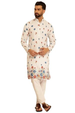 SOJANYA (Since 1958 Men's Cotton Kurta Pyjama with Daman Print & Krochet Embroidery