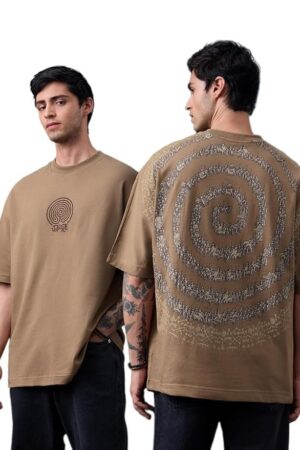 The Souled Store Oversized T-Shirt: Chakravyuh Men and Boys Short Sleeves Round Neck Beige Graphic Printed Cotton Casual Streetwear Super Oversized T-Shirt