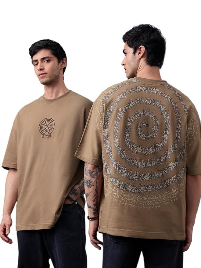 The Souled Store Oversized T-Shirt: Chakravyuh Men and Boys Short Sleeves Round Neck Beige Graphic Printed Cotton Casual Streetwear Super Oversized T-Shirt