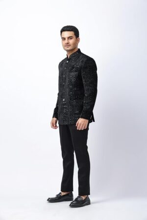 Men's Black Designer Prince Coat with Chest Embroidery and Matching Black Trouser Set | Festive & Wedding Ethnic Wear | Regular Fit