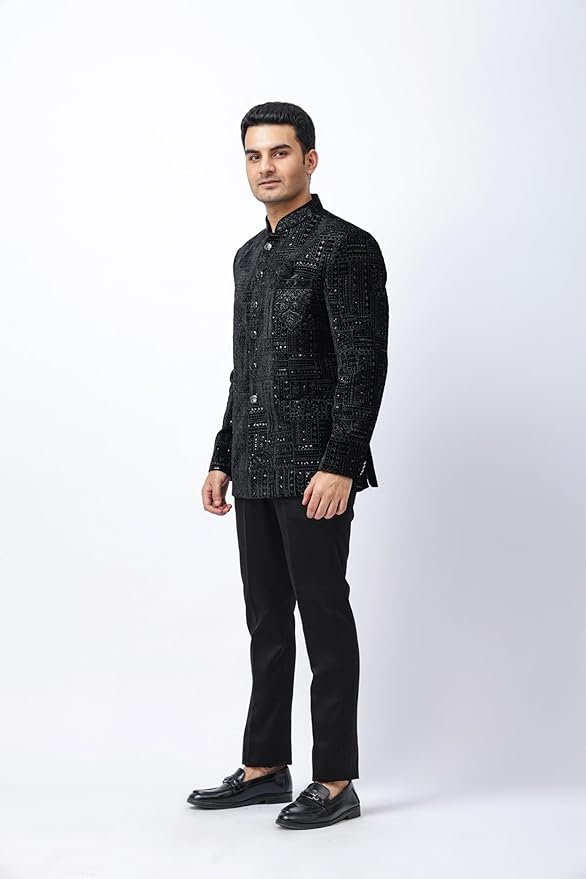 Men's Black Designer Prince Coat with Chest Embroidery and Matching Black Trouser Set | Festive & Wedding Ethnic Wear | Regular Fit
