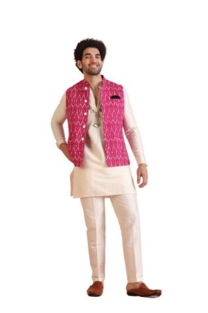KISAH Men's Kurta Jacket Trouser Set, Pink Cotton Blend, Printed Regular Fit Mandarin Collar Long Sleeves