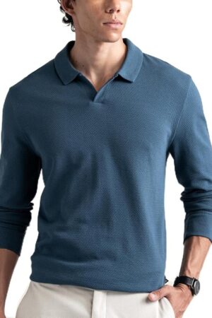 DAMENSCH Statement Popcorn Johnny Collar Full Sleeve Polo with Premium Cotton Blend, Popcorn Texture, Colours by High-IQ Dyes Heavy Weight Fabric T-Shirt for Men