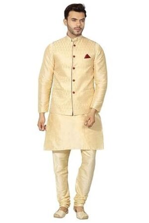 Modern Garments Men's Golden Kurta Matching Chudidar Pyjama with Golden Waistcoat