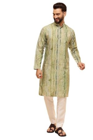 SOJANYA (Since 1958 Men's Cotton Silk Green Print Kurta with White Pyjama