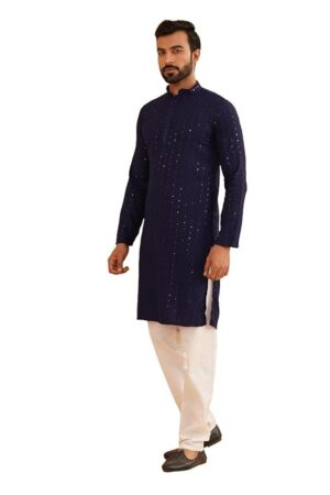 SOJANYA Men’s Cotton Kurta Pyjama Set | Sequinned Embroidered Traditional Outfit for Navratri, Garba & Puja