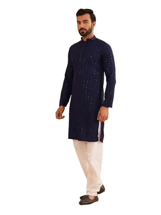 SOJANYA Men’s Cotton Kurta Pyjama Set | Sequinned Embroidered Traditional Outfit for Navratri, Garba & Puja