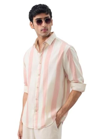 The Souled Store Cotton Linen Stripes: Coral Men and Boys Long Sleeve Spread Collar Button Front Pastel Pink and Beige Striped Regular Fit Cotton Linen Shirt