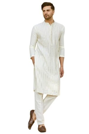 See Designs Men Full Sleeve Chanderi Silk Sequins Mandarin Collar Side Slit Kurta With Pyjama