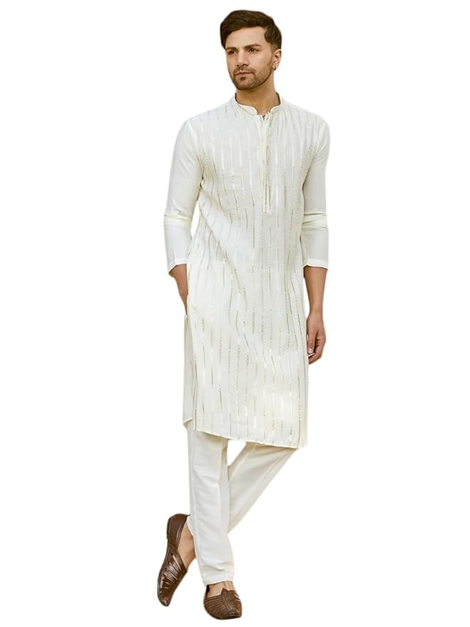 See Designs Men Full Sleeve Chanderi Silk Sequins Mandarin Collar Side Slit Kurta With Pyjama