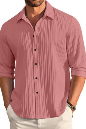 FINIVO FASHION Men's Casual Cotton Plain Button Down Shirt Long Sleeve Textured Summer Beach Shirt for Men