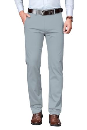 AVANOVA Men's Light Grey Solid Trousers Light Business Style Slightly Stretch Straight Leg Pants for Outdoor Casual Daily (Trouser 127)