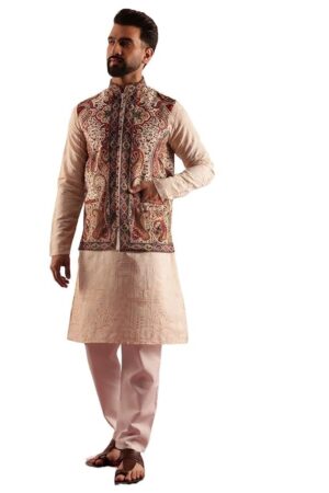SOJANYA Men's Cotton Silk Cream Kurta & White Pyjama With Velvet Paisley Design Nehru Jacket