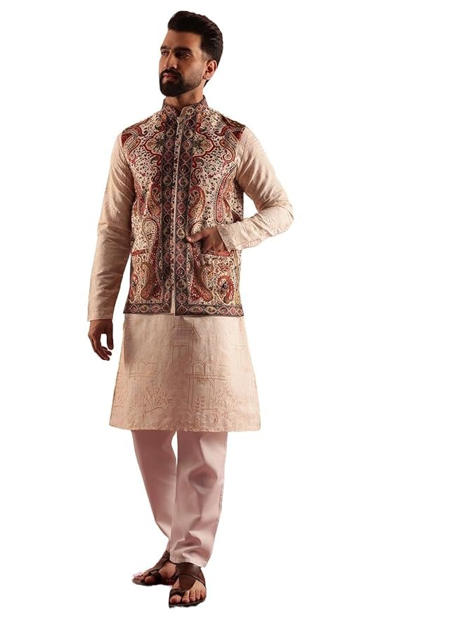 SOJANYA Men's Cotton Silk Cream Kurta & White Pyjama With Velvet Paisley Design Nehru Jacket