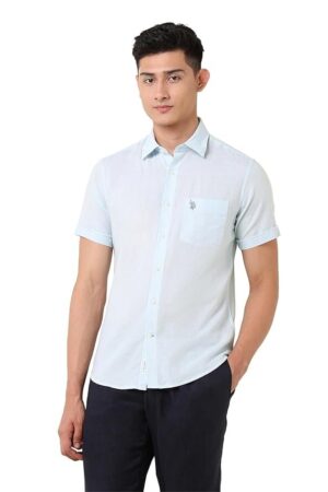 U.S. POLO ASSN. Men's Solid Cotton Linen Spread Collar Half Sleeve Shirts