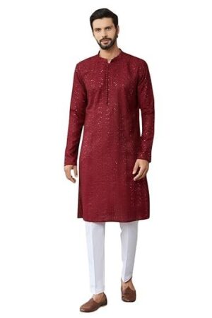 Men's Long Sleeve Mandarin Collar Side Slit Embroidered Thread Work Sequinned Chanderi Silk Straight Kurta