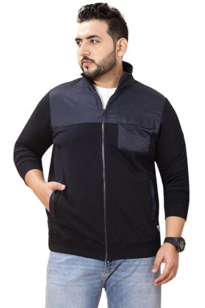 JOHN PRIDE Plus Size Men Regular Fit Long Sleeves Mock Collar Solid Fleece Navy Blue Front-Open Sweatshirt(JPSWT75236_Navy Blue)
