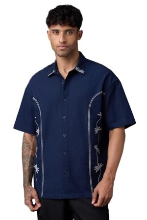 The Souled Store Cotton Linen: Midnight Petal Men and Boys Short Sleeve Spread Collar Navy Embroidered Causal Streetwear Everyday Officewear Oversized Fit Cotton Linen Shirt