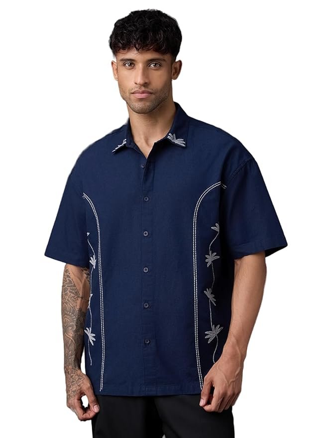 The Souled Store Cotton Linen: Midnight Petal Men and Boys Short Sleeve Spread Collar Navy Embroidered Causal Streetwear Everyday Officewear Oversized Fit Cotton Linen Shirt