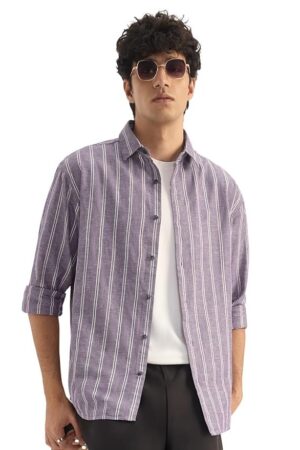 The Souled Store Cotton Linen Stripes: Berry Plum Men and Boys Long Sleeve Spread Collar Button Front Purple Striped Regular Fit Cotton Linen Shirts