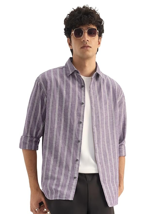 The Souled Store Cotton Linen Stripes: Berry Plum Men and Boys Long Sleeve Spread Collar Button Front Purple Striped Regular Fit Cotton Linen Shirts