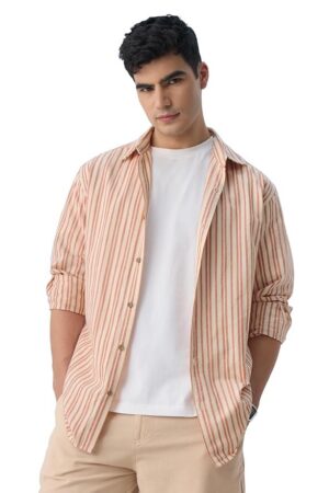 The Souled Store Cotton Linen Stripes: Apricot Men and Boys Long Sleeves Collared Neck Orange Stripes Regular Fit Lightweight Comfortable Summer Cotton Linen Shirts