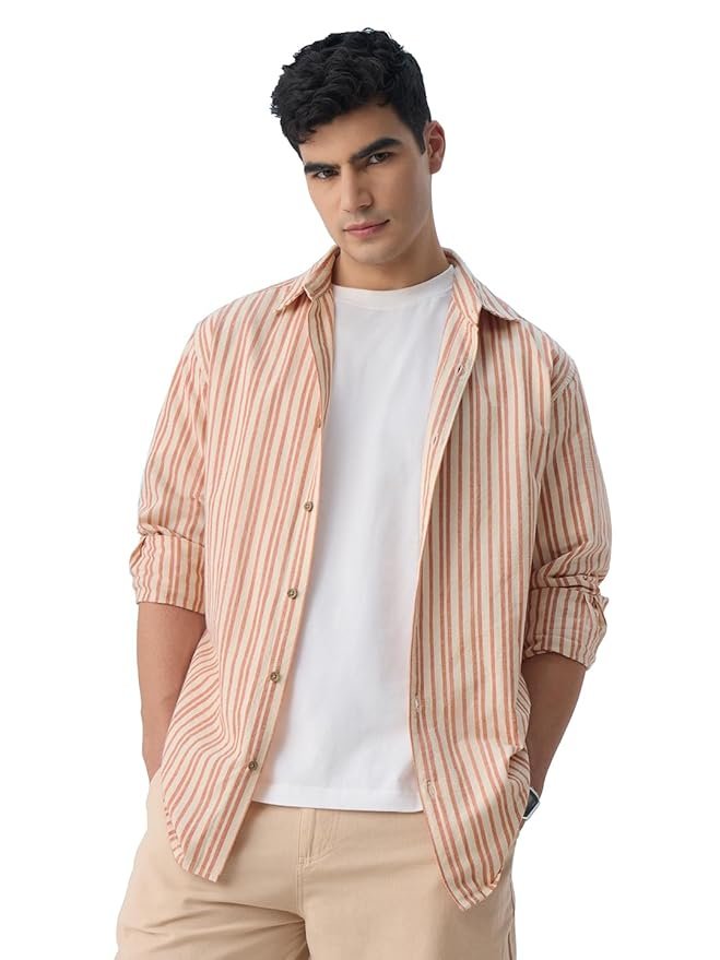 The Souled Store Cotton Linen Stripes: Apricot Men and Boys Long Sleeves Collared Neck Orange Stripes Regular Fit Lightweight Comfortable Summer Cotton Linen Shirts