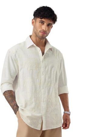 The Souled Store Nautical Fish Men and Boys Long Sleeve Spread Collar Button Front Off White Embroidered Casual Streetwear Officewear Cotton Relaxed Shirt