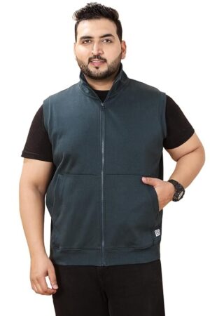 JOHN PRIDE Plus Size Men Regular Fit Sleeveless Mock Collar Solid Fleece Teal Front-Open Sweatshirt(JPSWT75235_Teal)