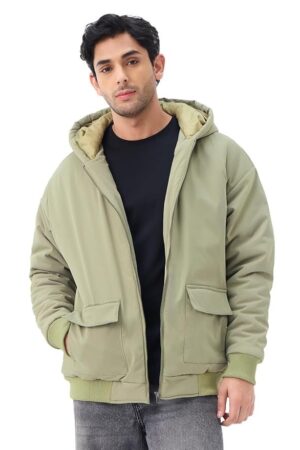 The Souled Store Oversized Jacket: Hunter Men and Boys Full Sleeves Hooded Neck Zipper Front Green Solid Polyester Lightweight Winter Oversized Fit Puffer Jacket