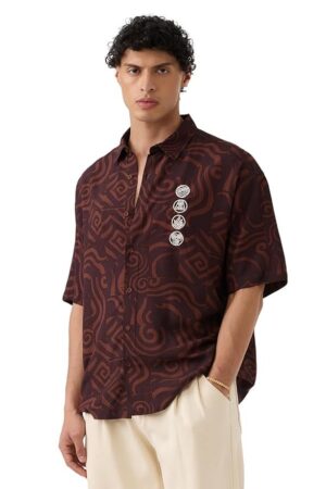 The Souled Store Avatar: Elements Men and Boys Short Sleeves Collared Neck Button Front Brown Embroidered Rayon Oversized Shirts