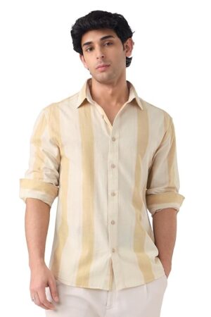 The Souled Store Cotton Linen Stripes: Sunset Men and Boys Long Sleeve Spread Collar Button Front Beige Striped Regular Fit Cotton Linen Shirts